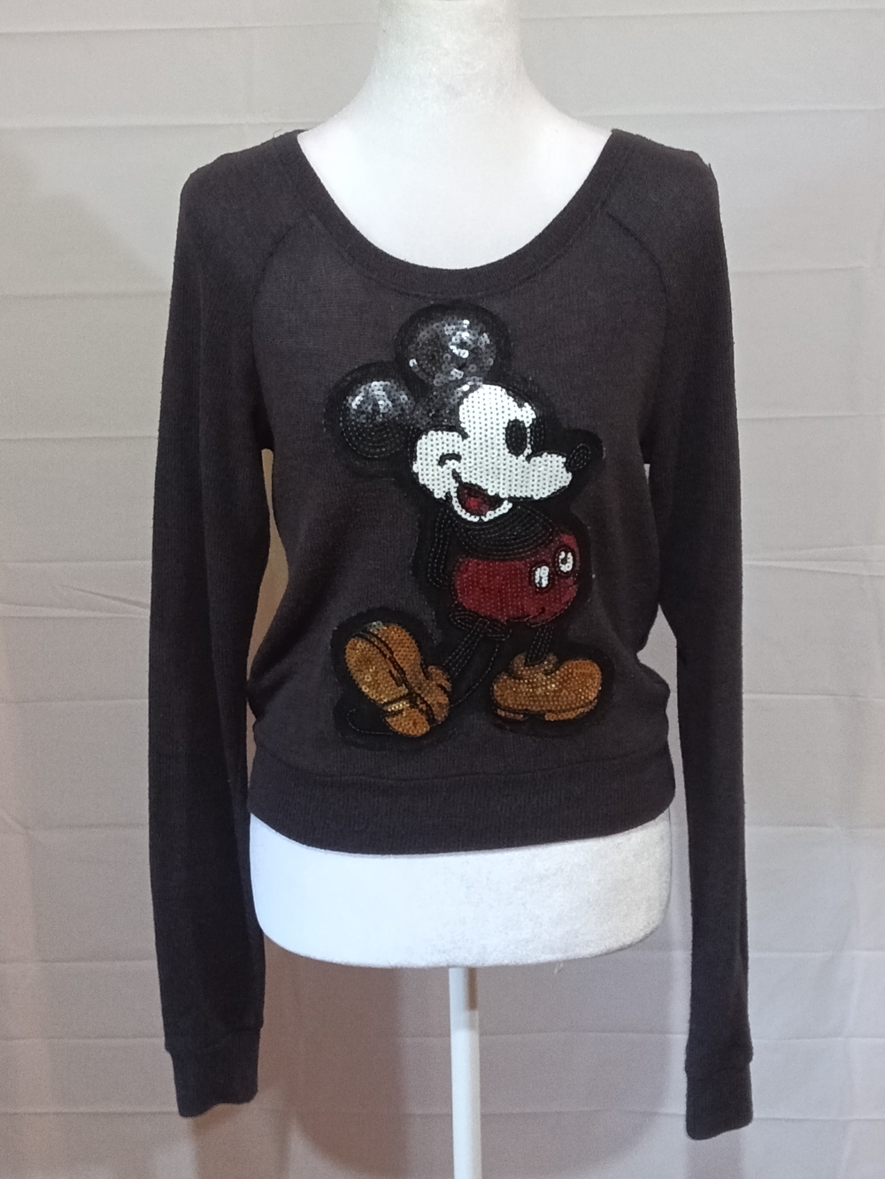 chic Brown Sequin Mickey Mouse Crewneck Sweater